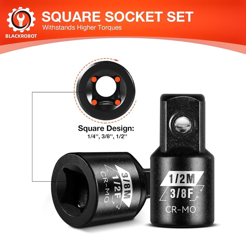 BLACKROBOT 4 Piece Impact Socket Adapter Set, 1/4" 3/8" 1/2" SAE Drive Socket Adapter Set, Square Adapter and Reducer Conversion Set for Impact Driver Wrench, Cr-Mo Steel - Image 4
